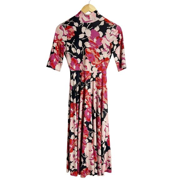 Zara High Neck Pink Floral Print Elbow Sleeve Tie Back Midi Dress Size Small - Picture 3 of 12